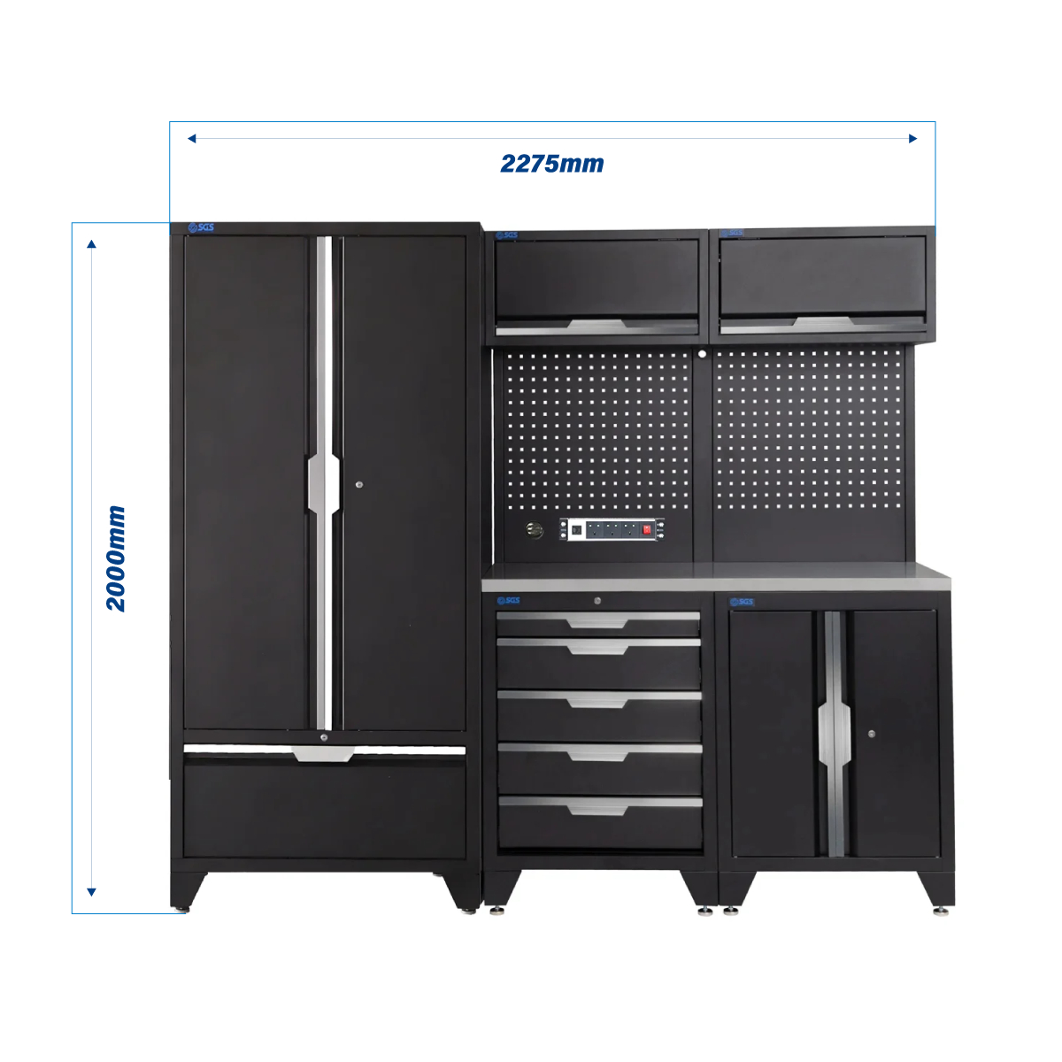 SGS 7pc Modular Garage Storage | 5 Drawers | Stainless Steel Worktop | Tall Double Cabinet with Drawer | 2x Upper Cabinets | Pegboard with Power Strip